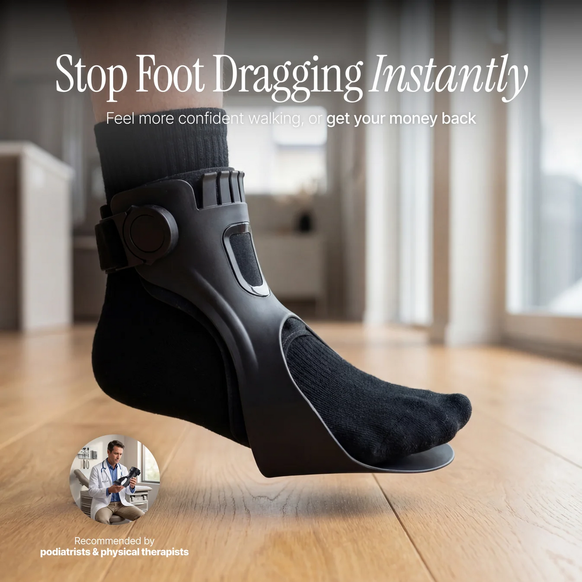 Foot Drop Brace shown on foot with walking confidence message